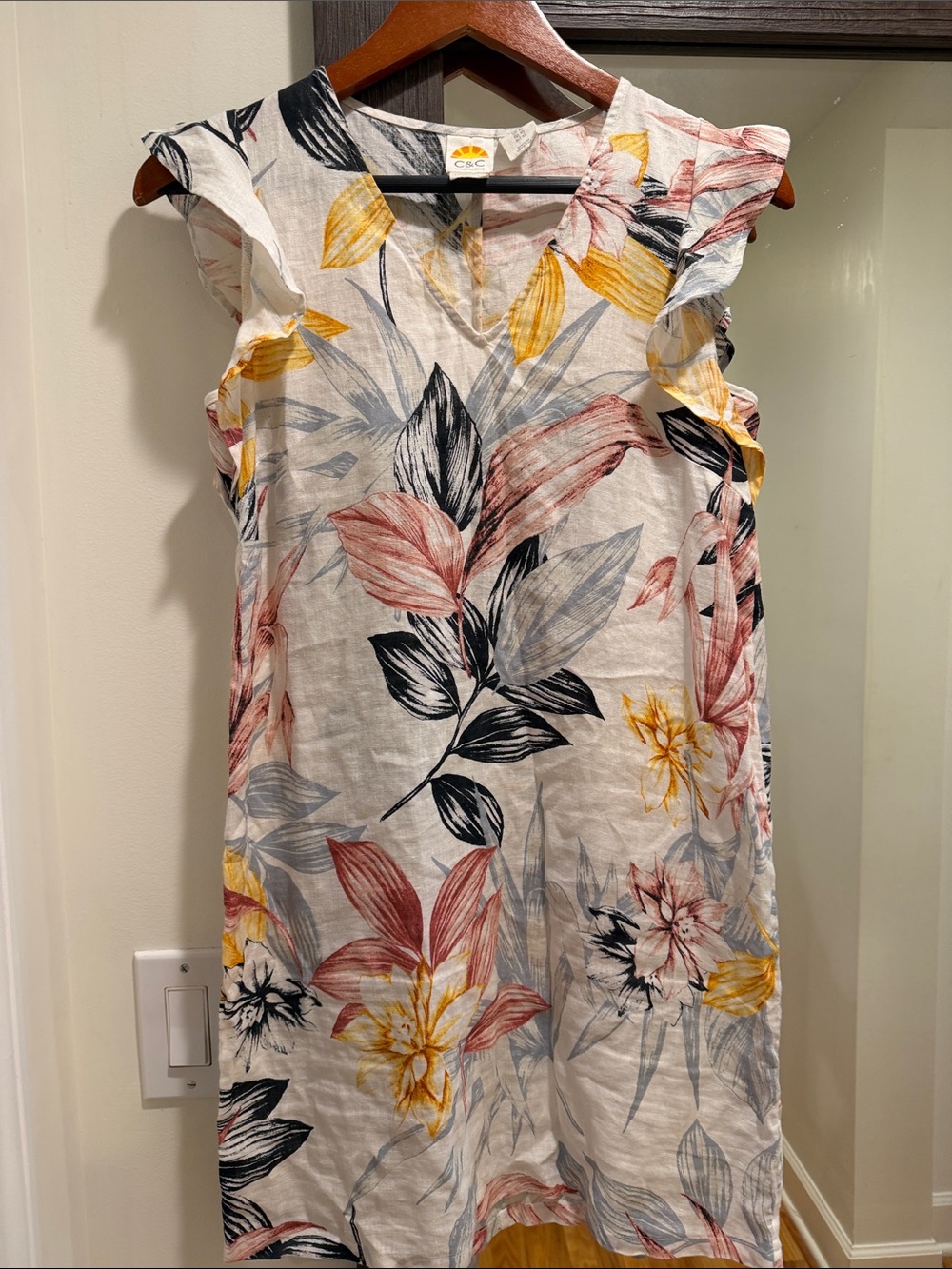 C&C California Linen V-Neck Dress - White with Yellow & Black Floral